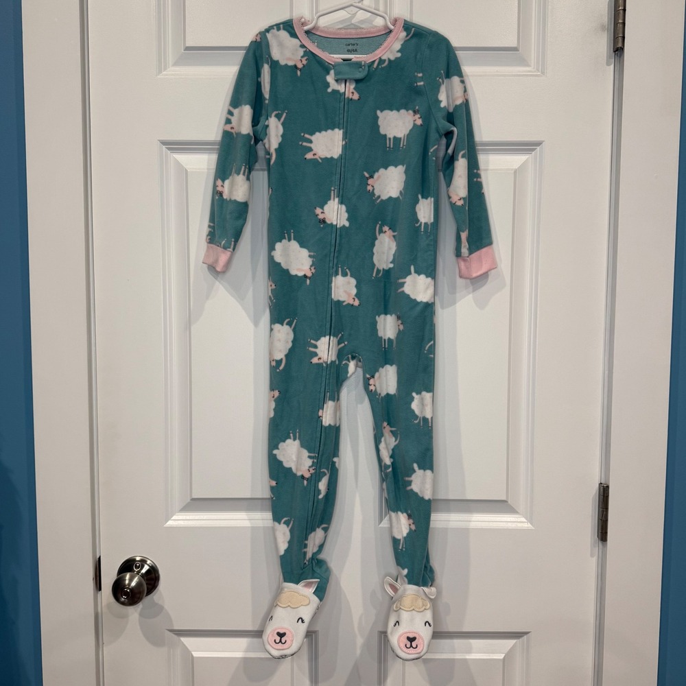 Carters Kids Fleece Footed Pajamas Sheep Print Pink Trim Size 4T